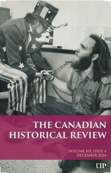 The cover of the Canadian Historical review. A bearded man is seated with his wrist chained to a cabinet. A second bearded person dressed as Uncle Sam sits on a chair.